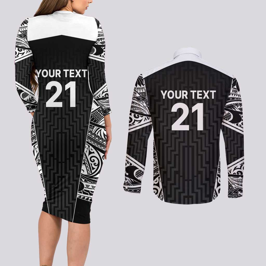 New Zealand Black Fern Custom Couples Matching Long Sleeve Bodycon Dress and Long Sleeve Button Shirt Maori Tukutuku Black-white Motif LT9 - Polynesian Pride