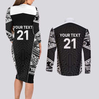 New Zealand Black Fern Custom Couples Matching Long Sleeve Bodycon Dress and Long Sleeve Button Shirt Maori Tukutuku Black-white Motif LT9 - Polynesian Pride