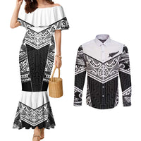 New Zealand Black Fern Custom Couples Matching Mermaid Dress and Long Sleeve Button Shirt Maori Tukutuku Black-white Motif LT9 White - Polynesian Pride