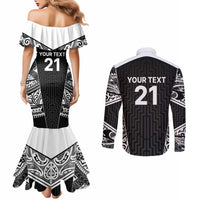 New Zealand Black Fern Custom Couples Matching Mermaid Dress and Long Sleeve Button Shirt Maori Tukutuku Black-white Motif LT9 - Polynesian Pride