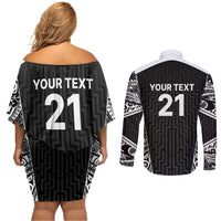 New Zealand Black Fern Custom Couples Matching Off Shoulder Short Dress and Long Sleeve Button Shirt Maori Tukutuku Black-white Motif LT9 - Polynesian Pride