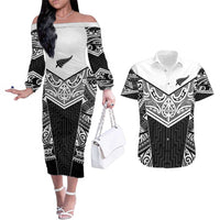New Zealand Black Fern Custom Couples Matching Off The Shoulder Long Sleeve Dress and Hawaiian Shirt Maori Tukutuku Black-white Motif LT9 White - Polynesian Pride