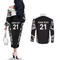 New Zealand Black Fern Custom Couples Matching Off The Shoulder Long Sleeve Dress and Long Sleeve Button Shirt Maori Tukutuku Black-white Motif LT9 - Polynesian Pride