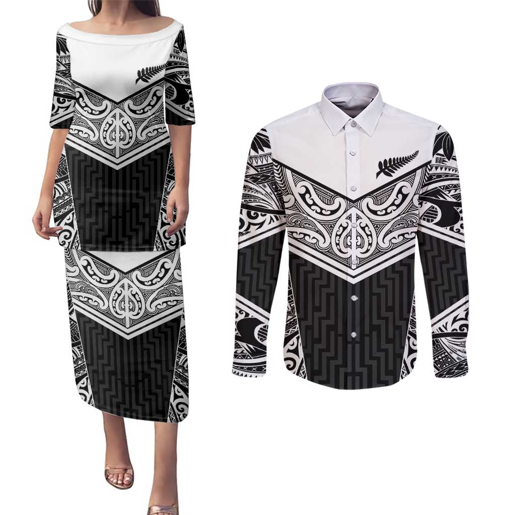 New Zealand Black Fern Custom Couples Matching Puletasi and Long Sleeve Button Shirt Maori Tukutuku Black-white Motif
