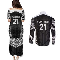 New Zealand Black Fern Custom Couples Matching Puletasi and Long Sleeve Button Shirt Maori Tukutuku Black-white Motif LT9 - Polynesian Pride
