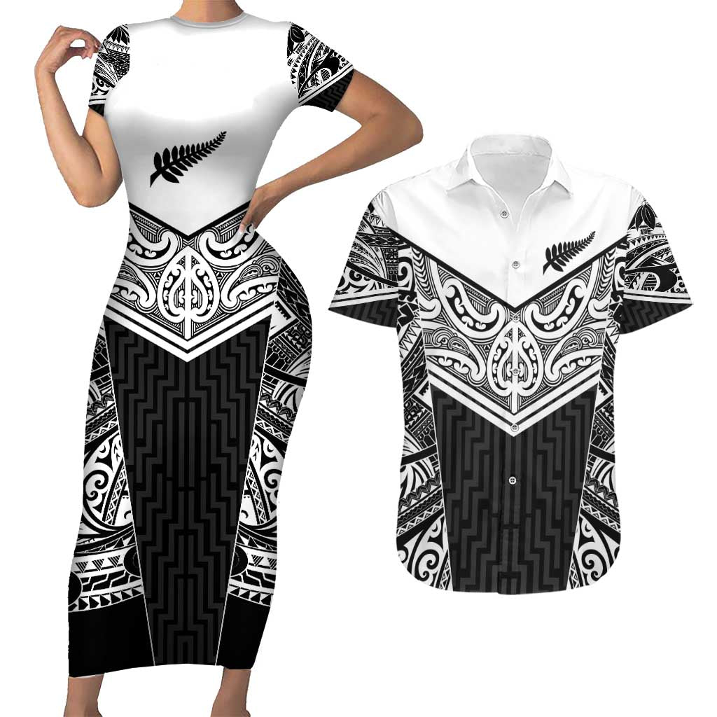 New Zealand Black Fern Custom Couples Matching Short Sleeve Bodycon Dress and Hawaiian Shirt Maori Tukutuku Black-white Motif LT9 White - Polynesian Pride