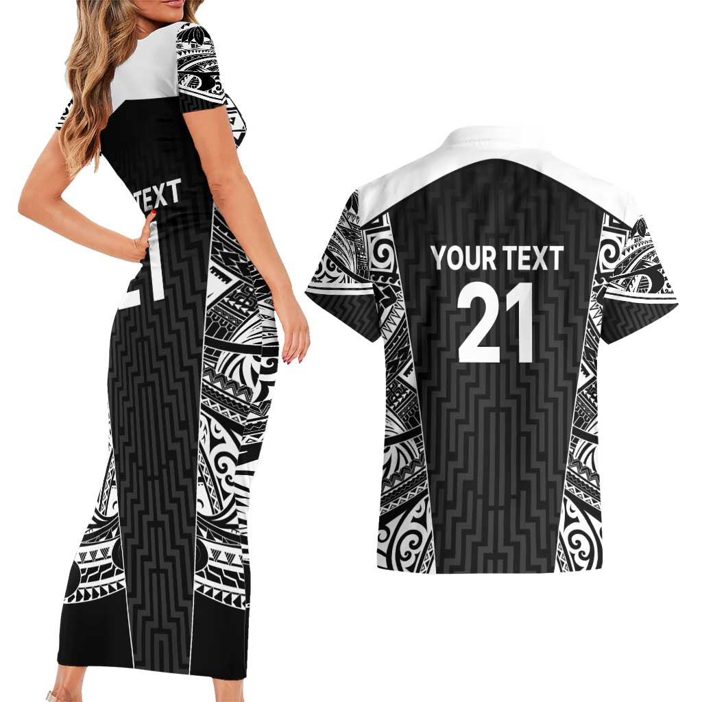 New Zealand Black Fern Custom Couples Matching Short Sleeve Bodycon Dress and Hawaiian Shirt Maori Tukutuku Black-white Motif LT9 - Polynesian Pride
