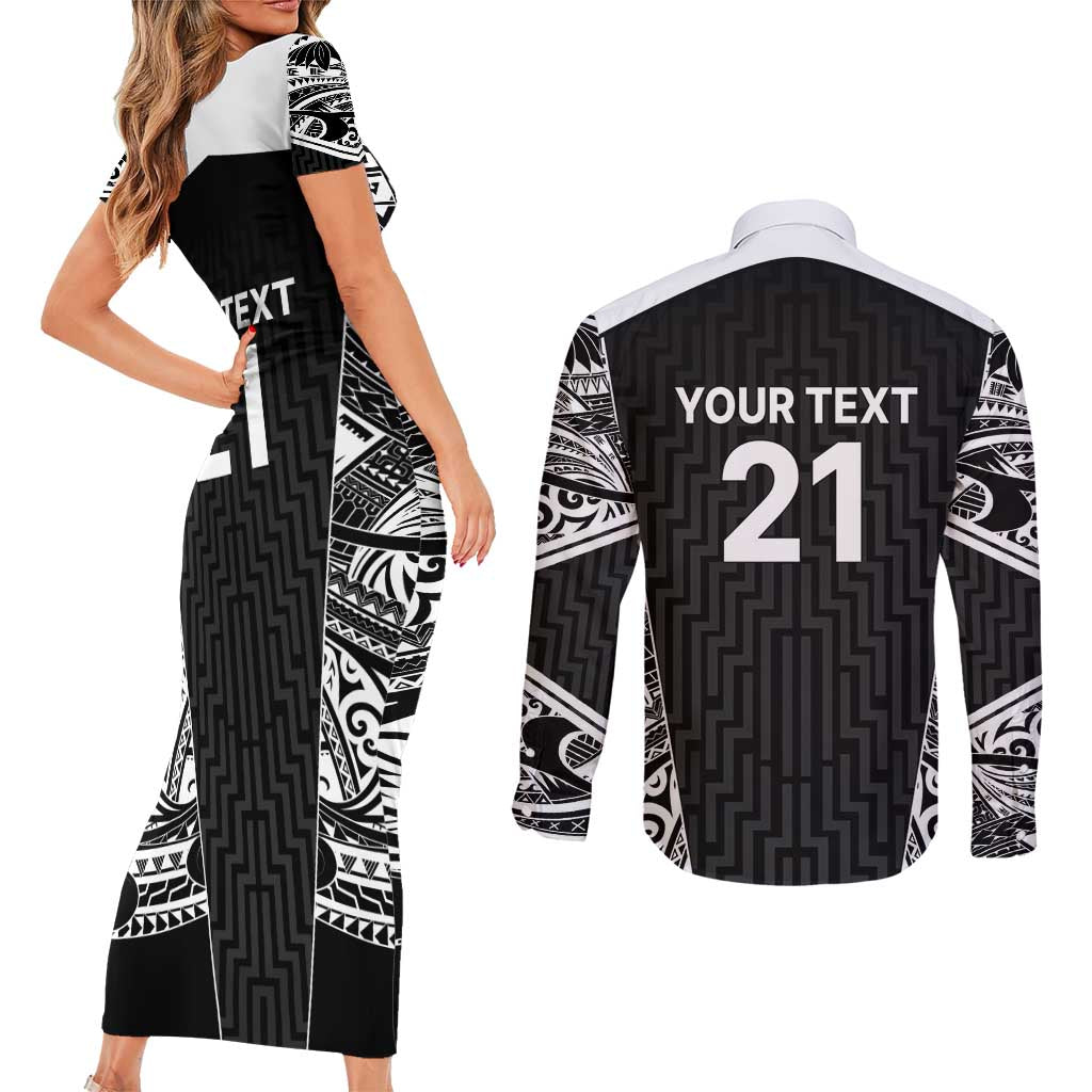 New Zealand Black Fern Custom Couples Matching Short Sleeve Bodycon Dress and Long Sleeve Button Shirt Maori Tukutuku Black-white Motif LT9 - Polynesian Pride