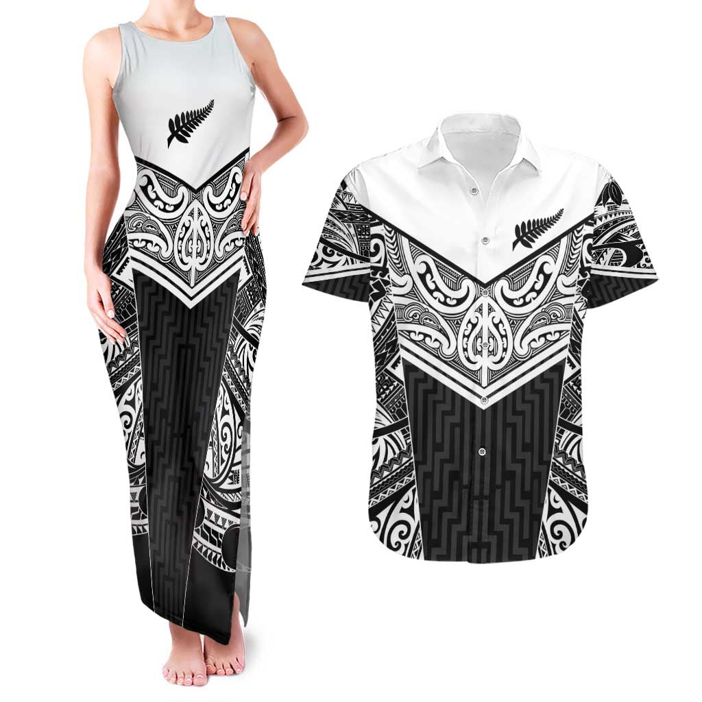 New Zealand Black Fern Custom Couples Matching Tank Maxi Dress and Hawaiian Shirt Maori Tukutuku Black-white Motif LT9 White - Polynesian Pride