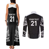 New Zealand Black Fern Custom Couples Matching Tank Maxi Dress and Long Sleeve Button Shirt Maori Tukutuku Black-white Motif LT9 - Polynesian Pride