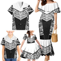 New Zealand Black Fern Custom Family Matching Mermaid Dress and Hawaiian Shirt Maori Tukutuku Black-white Motif