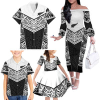 New Zealand Black Fern Custom Family Matching Off The Shoulder Long Sleeve Dress and Hawaiian Shirt Maori Tukutuku Black-white Motif LT9 - Polynesian Pride