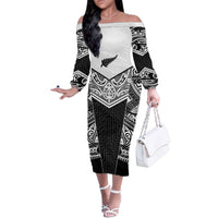 New Zealand Black Fern Custom Family Matching Off The Shoulder Long Sleeve Dress and Hawaiian Shirt Maori Tukutuku Black-white Motif LT9 Mom's Dress White - Polynesian Pride