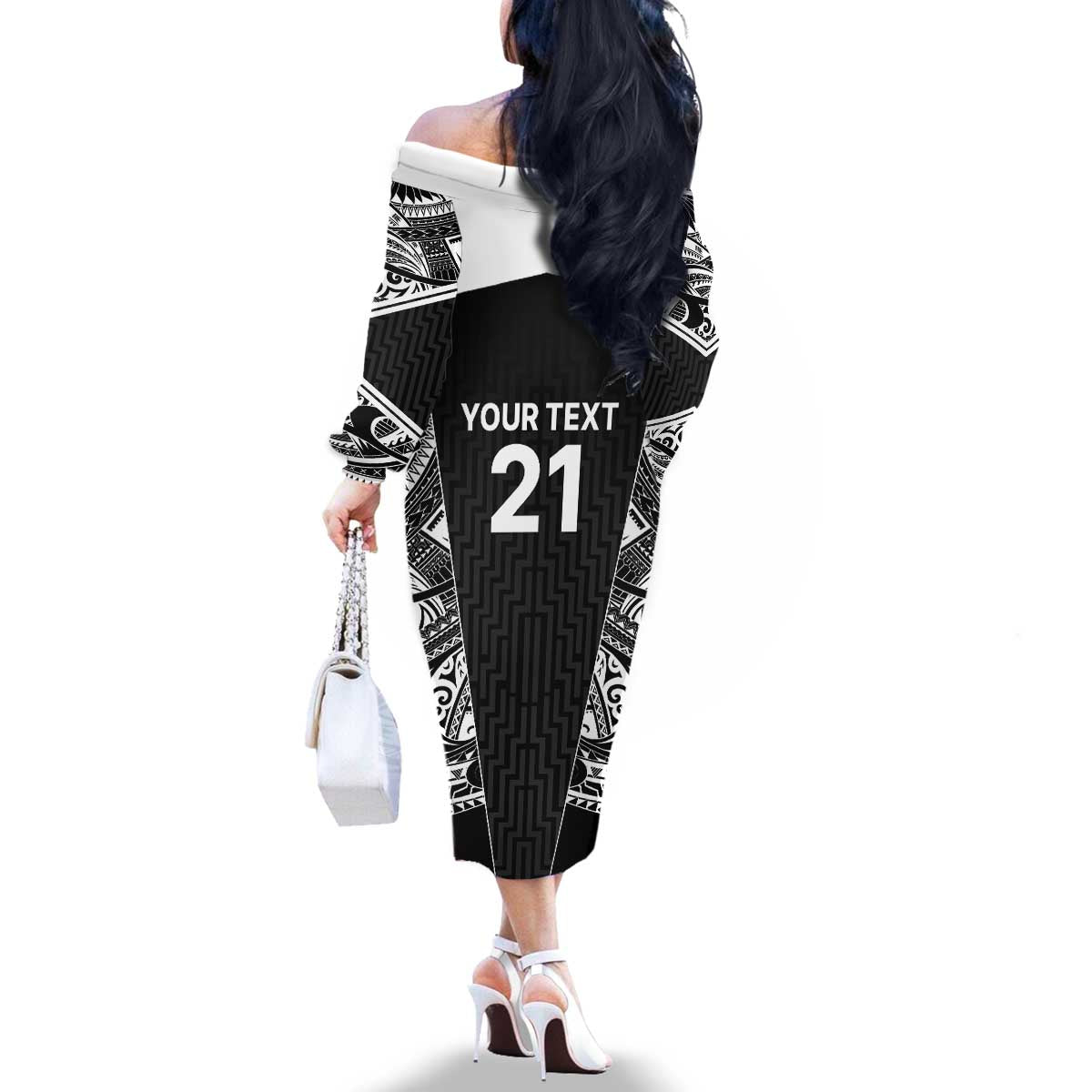 New Zealand Black Fern Custom Family Matching Off The Shoulder Long Sleeve Dress and Hawaiian Shirt Maori Tukutuku Black-white Motif LT9 - Polynesian Pride