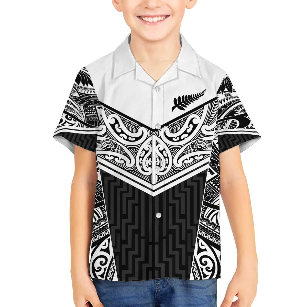 New Zealand Black Fern Custom Family Matching Off The Shoulder Long Sleeve Dress and Hawaiian Shirt Maori Tukutuku Black-white Motif LT9 Son's Shirt White - Polynesian Pride