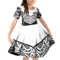 New Zealand Black Fern Custom Family Matching Off Shoulder Short Dress and Hawaiian Shirt Maori Tukutuku Black-white Motif LT9 Daughter's Dress White - Polynesian Pride