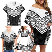 New Zealand Black Fern Custom Family Matching Off Shoulder Short Dress and Hawaiian Shirt Maori Tukutuku Black-white Motif LT9 - Polynesian Pride