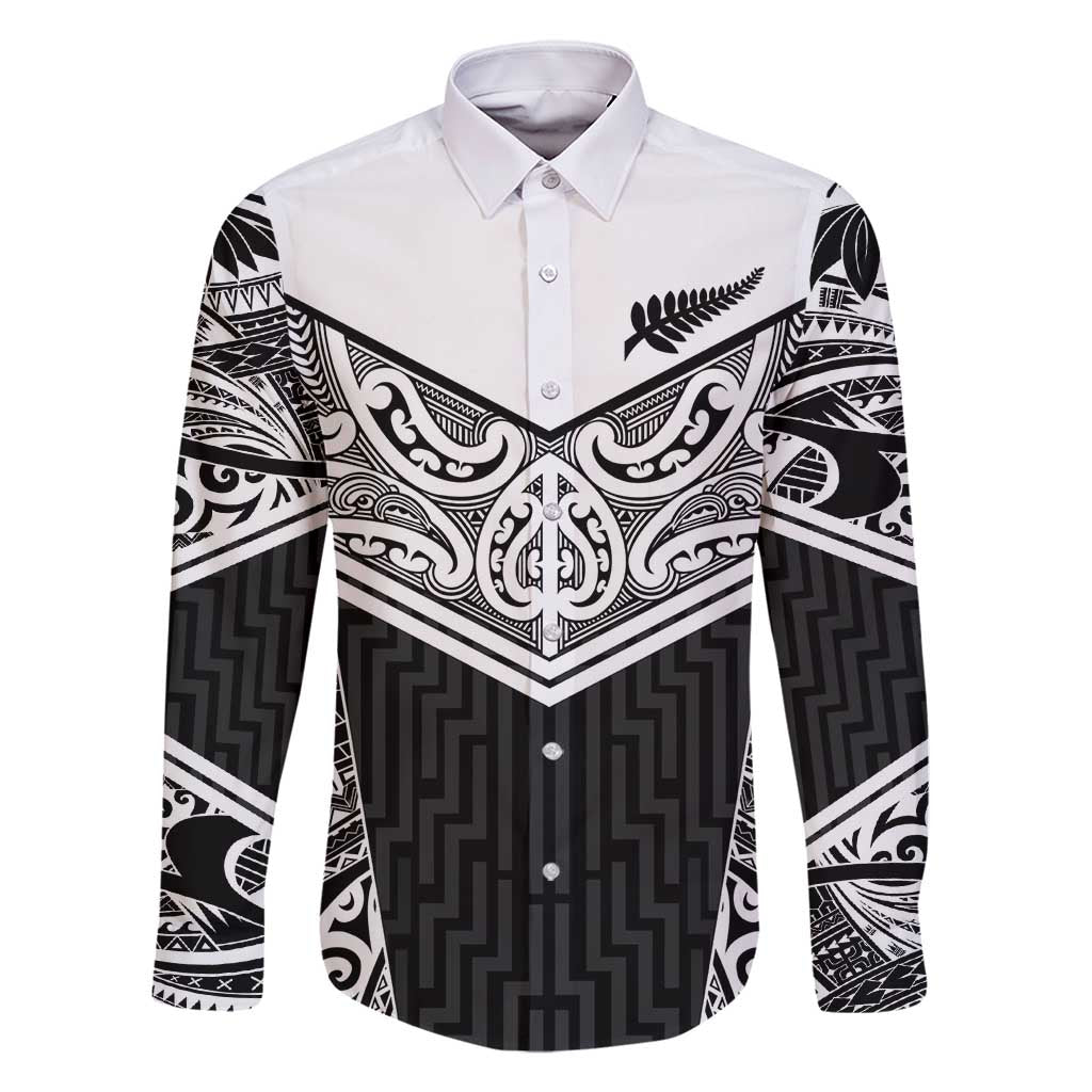 New Zealand Black Fern Custom Family Matching Off Shoulder Short Dress and Hawaiian Shirt Maori Tukutuku Black-white Motif LT9 Dad's Shirt - Long Sleeve White - Polynesian Pride