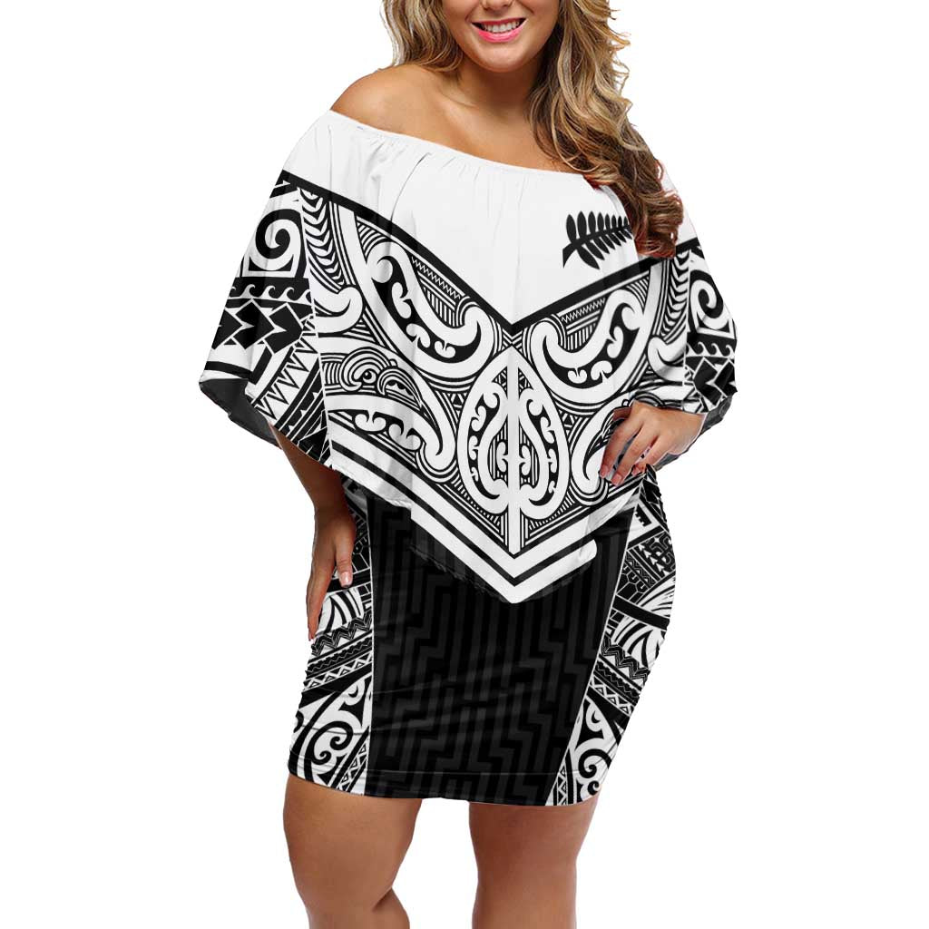New Zealand Black Fern Custom Family Matching Off Shoulder Short Dress and Hawaiian Shirt Maori Tukutuku Black-white Motif LT9 Mom's Dress White - Polynesian Pride