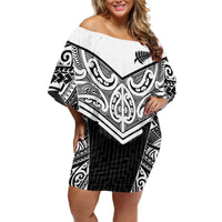 New Zealand Black Fern Custom Family Matching Off Shoulder Short Dress and Hawaiian Shirt Maori Tukutuku Black-white Motif LT9 Mom's Dress White - Polynesian Pride