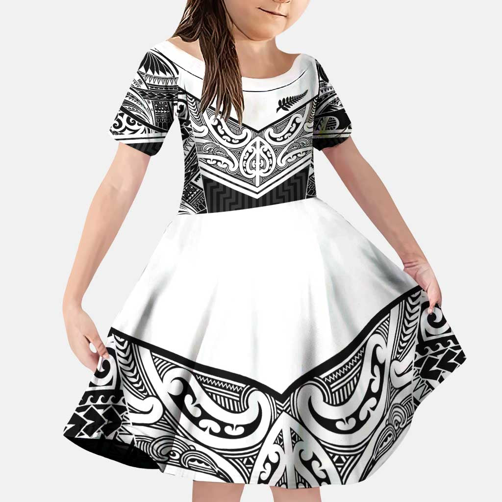 New Zealand Black Fern Custom Family Matching Puletasi and Hawaiian Shirt Maori Tukutuku Black-white Motif LT9 Daughter's Dress White - Polynesian Pride