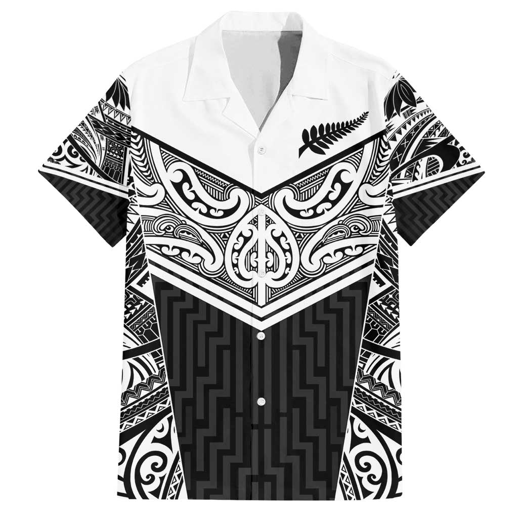 New Zealand Black Fern Custom Family Matching Puletasi and Hawaiian Shirt Maori Tukutuku Black-white Motif LT9 Dad's Shirt - Short Sleeve White - Polynesian Pride