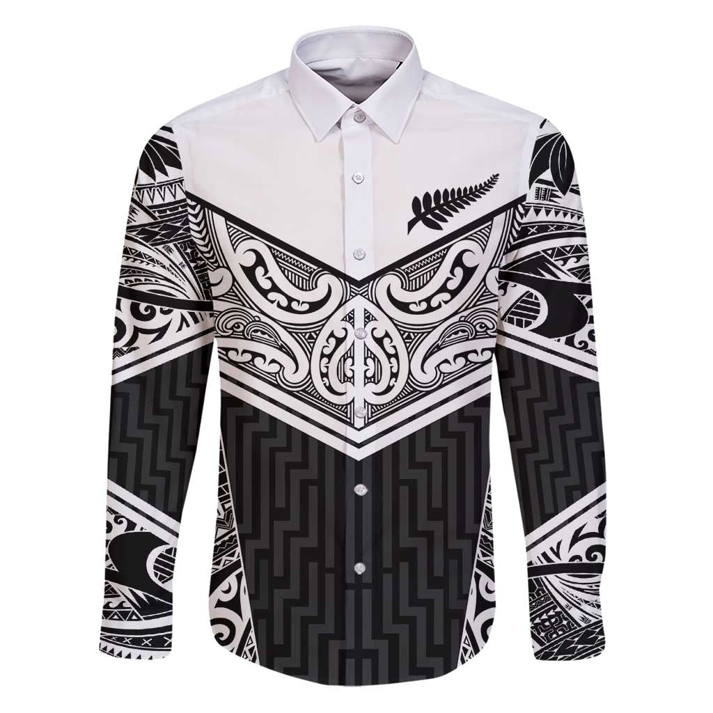 New Zealand Black Fern Custom Family Matching Puletasi and Hawaiian Shirt Maori Tukutuku Black-white Motif LT9 Dad's Shirt - Long Sleeve White - Polynesian Pride