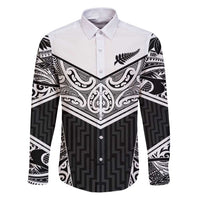 New Zealand Black Fern Custom Family Matching Puletasi and Hawaiian Shirt Maori Tukutuku Black-white Motif LT9 Dad's Shirt - Long Sleeve White - Polynesian Pride