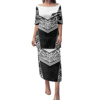 New Zealand Black Fern Custom Family Matching Puletasi and Hawaiian Shirt Maori Tukutuku Black-white Motif LT9 Mom's Dress White - Polynesian Pride