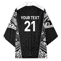 New Zealand Black Fern Custom Kimono Maori Tukutuku Black-white Motif - Polynesian Pride