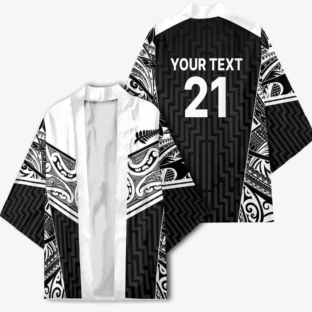 New Zealand Black Fern Custom Kimono Maori Tukutuku Black-white Motif - Polynesian Pride