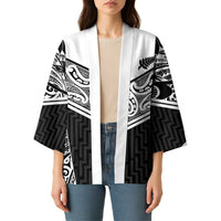 New Zealand Black Fern Custom Kimono Maori Tukutuku Black-white Motif - Polynesian Pride