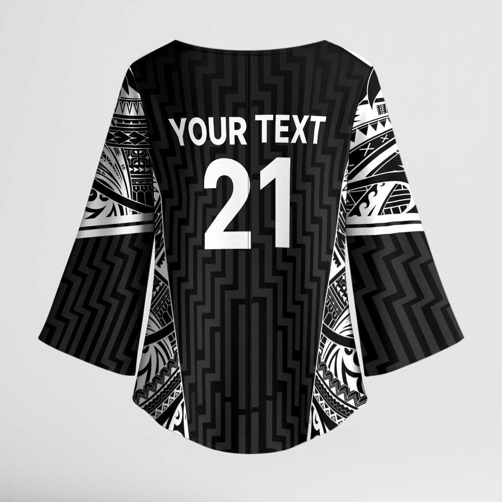 New Zealand Black Fern Custom Kimono Sleeve Blouse Maori Tukutuku Black-white Motif - Polynesian Pride