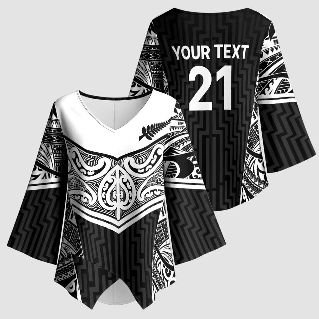 New Zealand Black Fern Custom Kimono Sleeve Blouse Maori Tukutuku Black-white Motif - Polynesian Pride