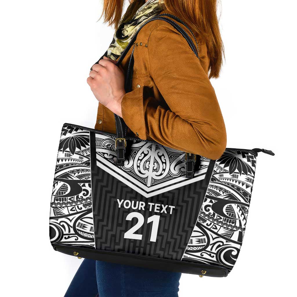 New Zealand Black Fern Custom Leather Tote Bag Maori Tukutuku Black-white Motif LT9 White - Polynesian Pride