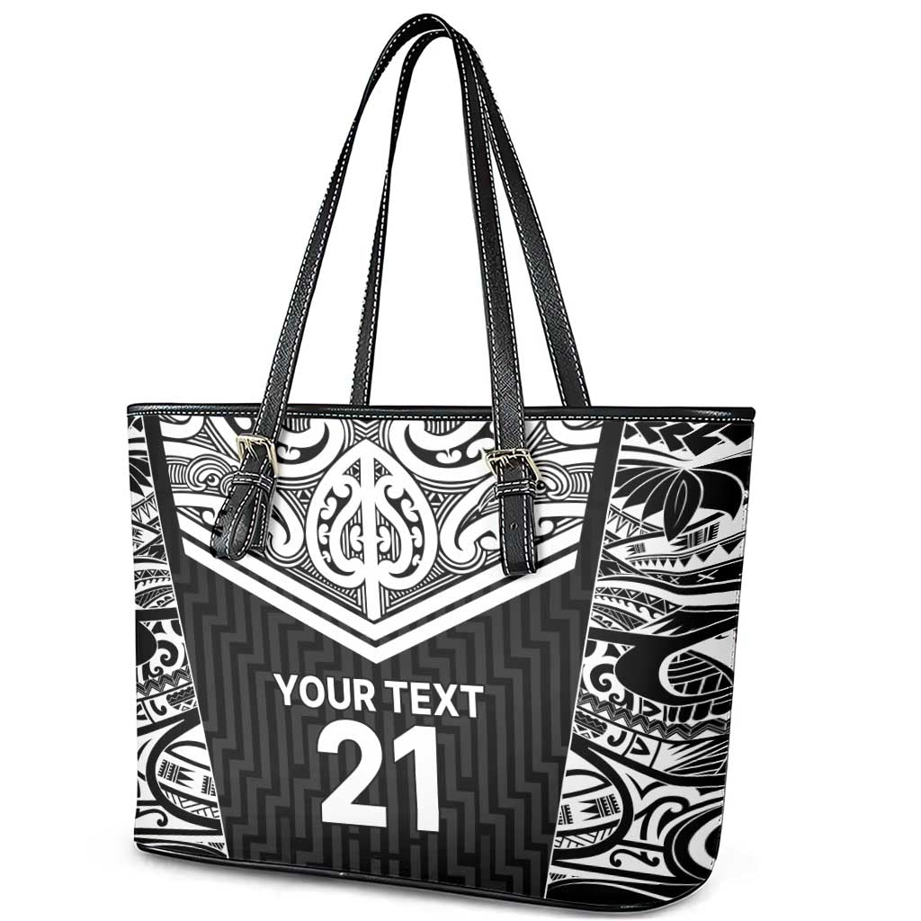 New Zealand Black Fern Custom Leather Tote Bag Maori Tukutuku Black-white Motif LT9 - Polynesian Pride