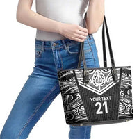 New Zealand Black Fern Custom Leather Tote Bag Maori Tukutuku Black-white Motif LT9 - Polynesian Pride