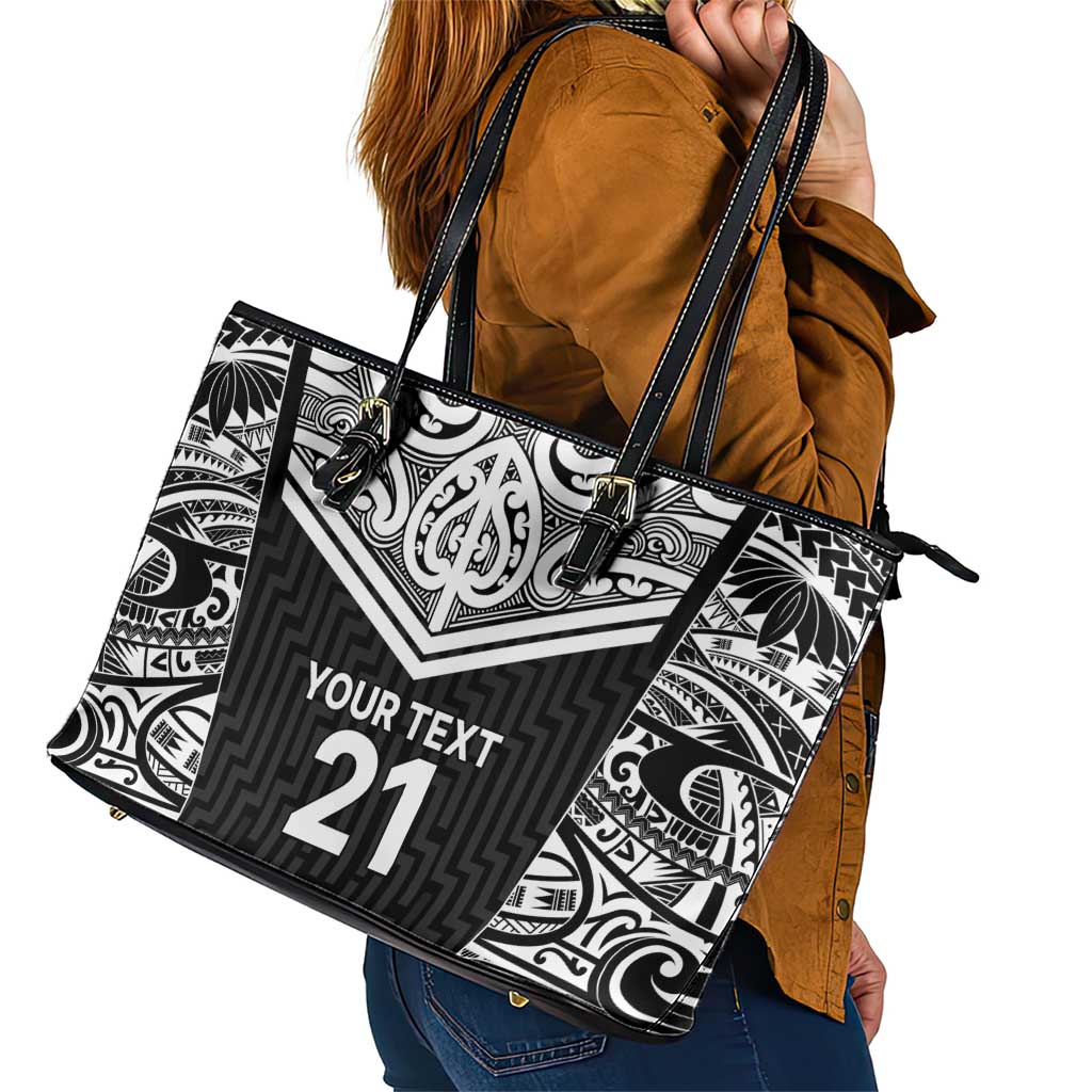 New Zealand Black Fern Custom Leather Tote Bag Maori Tukutuku Black-white Motif LT9 - Polynesian Pride