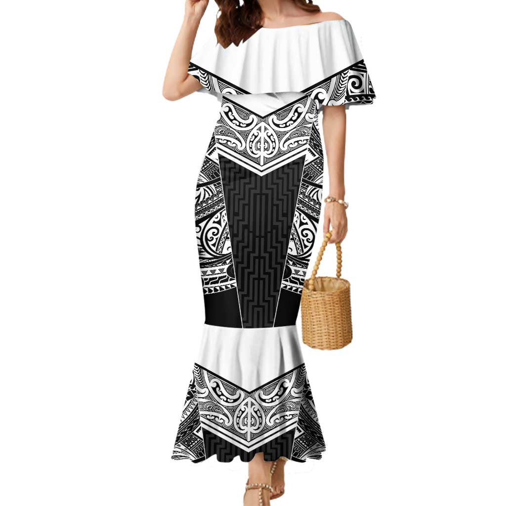 New Zealand Black Fern Custom Mermaid Dress Maori Tukutuku Black-white Motif LT9 Women White - Polynesian Pride