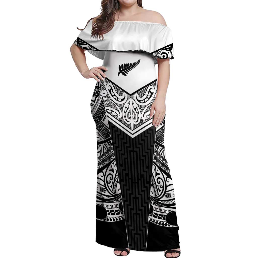 New Zealand Black Fern Custom Off Shoulder Maxi Dress Maori Tukutuku Black-white Motif LT9 Women White - Polynesian Pride