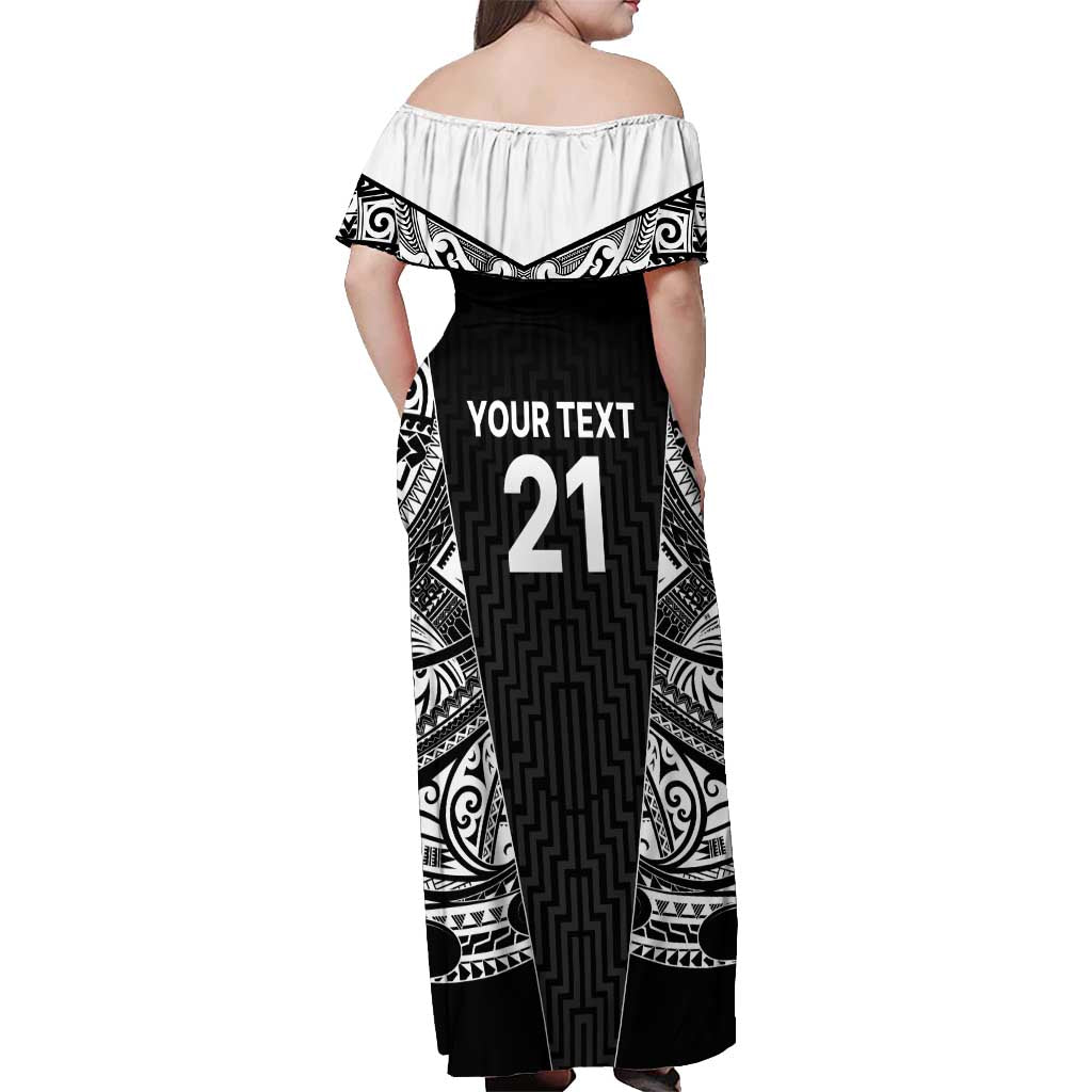 New Zealand Black Fern Custom Off Shoulder Maxi Dress Maori Tukutuku Black-white Motif LT9 - Polynesian Pride