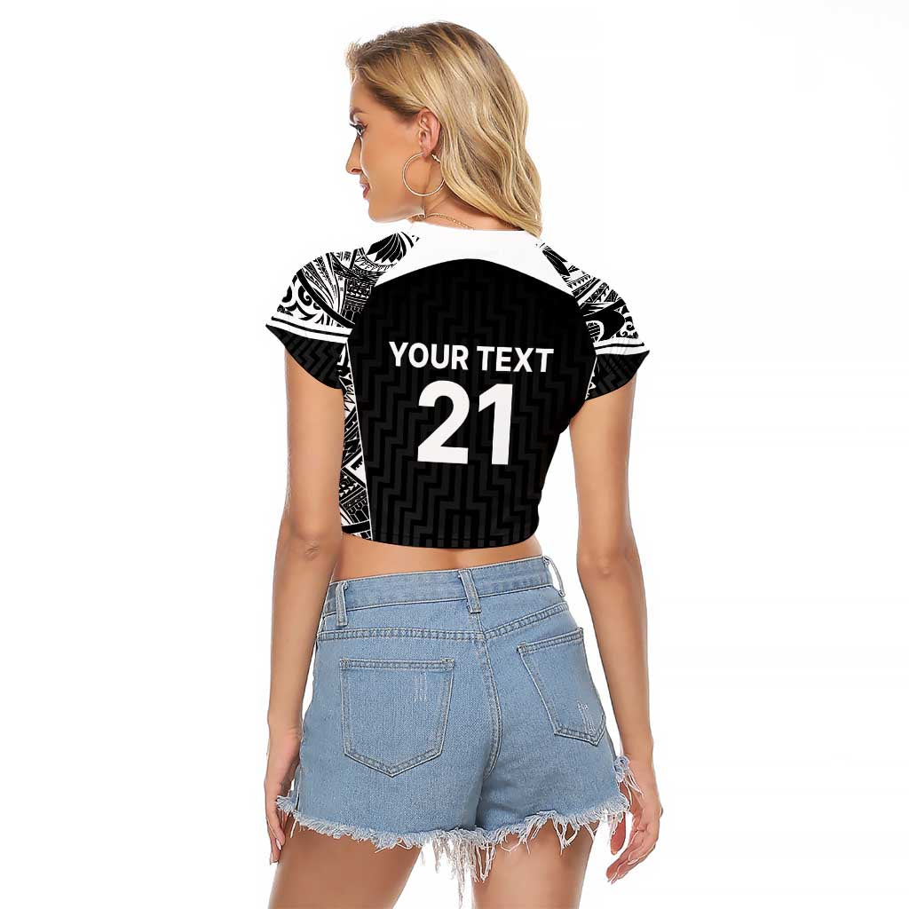 New Zealand Black Fern Custom Raglan Cropped T Shirt Maori Tukutuku Black-white Motif LT9 - Polynesian Pride