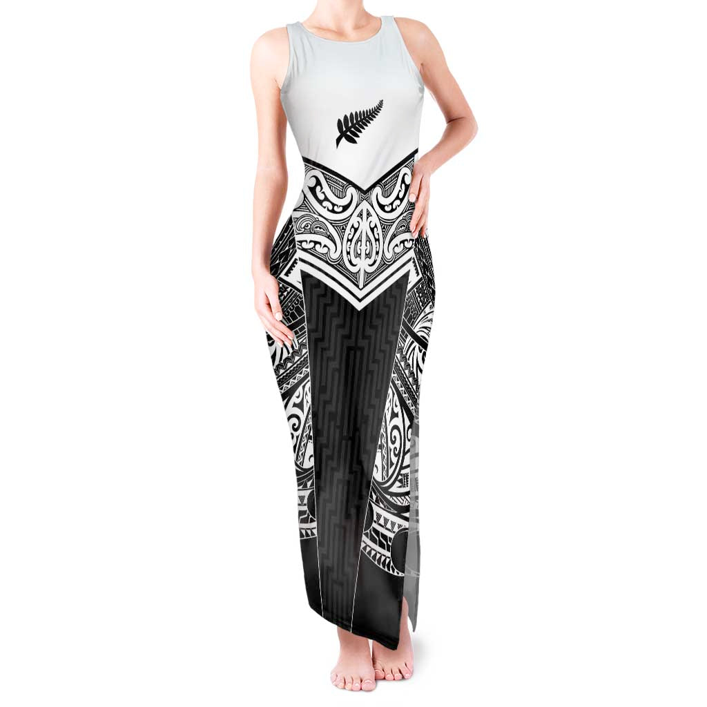 New Zealand Black Fern Custom Tank Maxi Dress Maori Tukutuku Black-white Motif LT9 Women White - Polynesian Pride