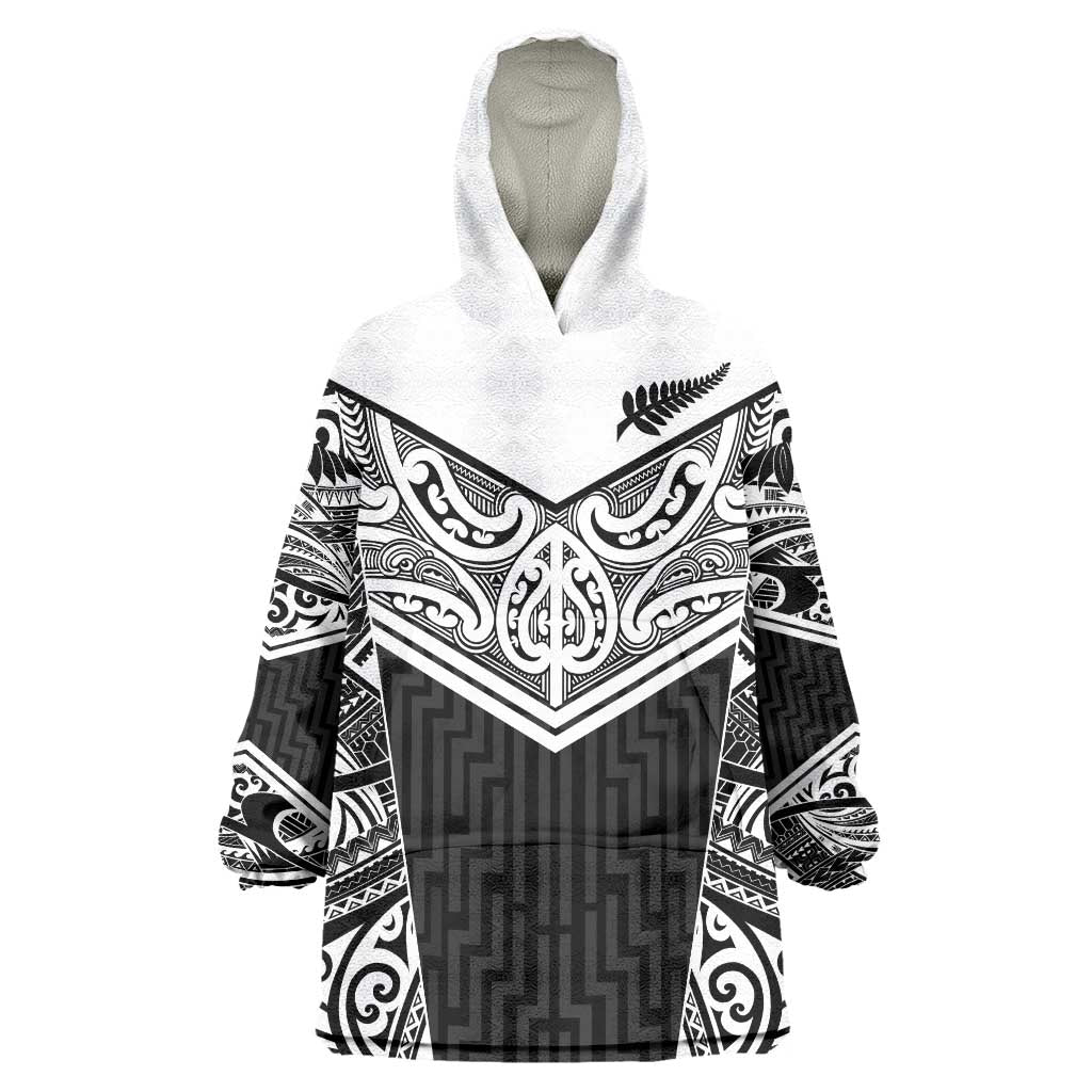 New Zealand Black Fern Custom Wearable Blanket Hoodie Maori Tukutuku Black-white Motif LT9 One Size White - Polynesian Pride