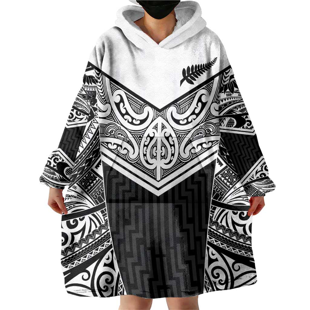 New Zealand Black Fern Custom Wearable Blanket Hoodie Maori Tukutuku Black-white Motif LT9 - Polynesian Pride