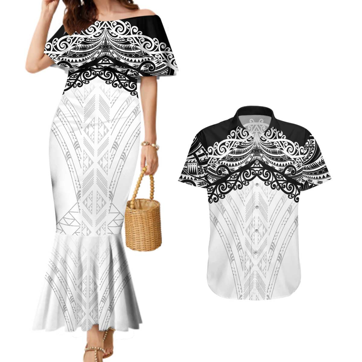 New Zealand Koru Fern Custom Couples Matching Mermaid Dress and Hawaiian Shirt Simple Taniko Motif