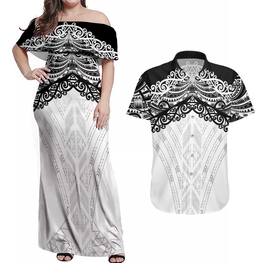 New Zealand Koru Fern Custom Couples Matching Off Shoulder Maxi Dress and Hawaiian Shirt Simple Taniko Motif