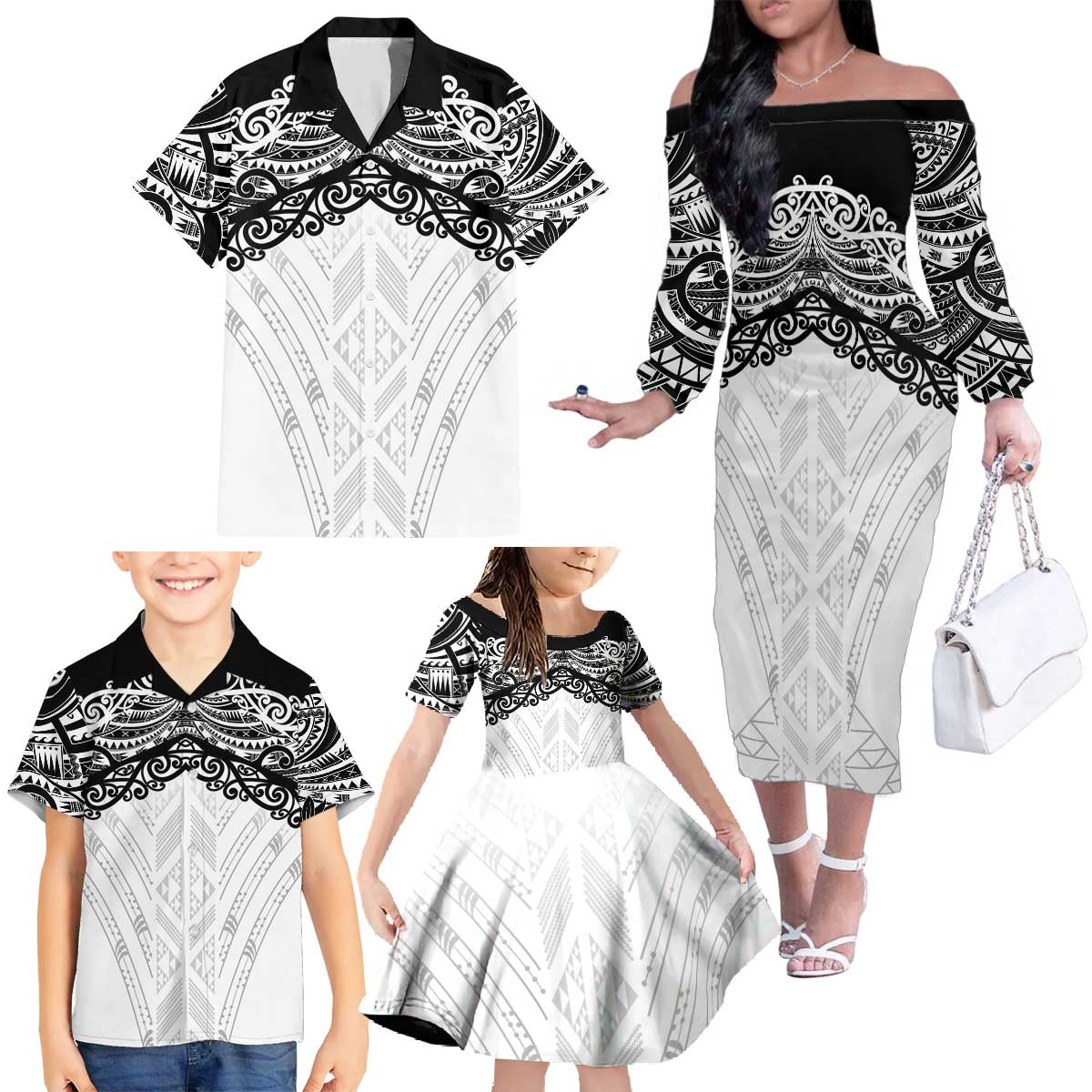 New Zealand Koru Fern Custom Family Matching Off The Shoulder Long Sleeve Dress and Hawaiian Shirt Simple Taniko Motif