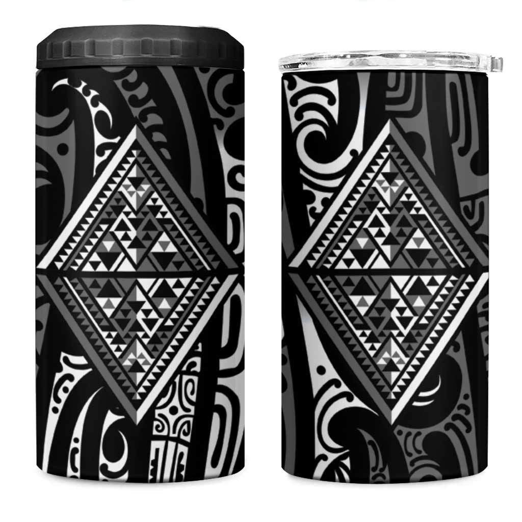 New Zealand Maori Taniko 4 in 1 Can Cooler Tumbler Black Kowhaiwhai Puhoro