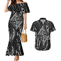 New Zealand Maori Taniko Couples Matching Mermaid Dress and Hawaiian Shirt Black Kowhaiwhai Puhoro LT9 Black - Polynesian Pride